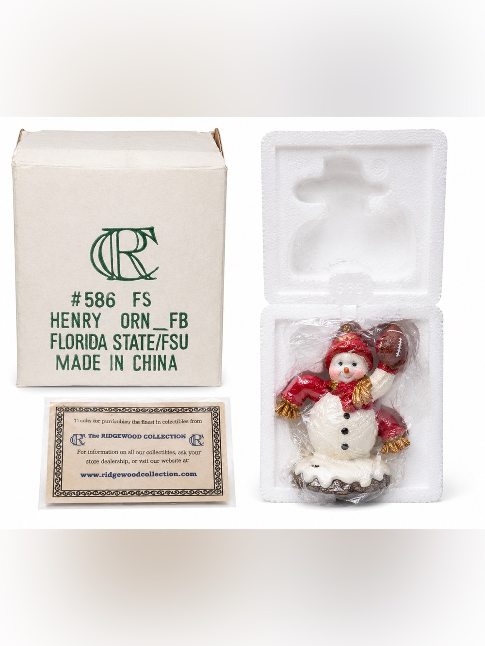 Florida State Seminoles Snowman‎ Football Ornament Ridgewood Collection 2000